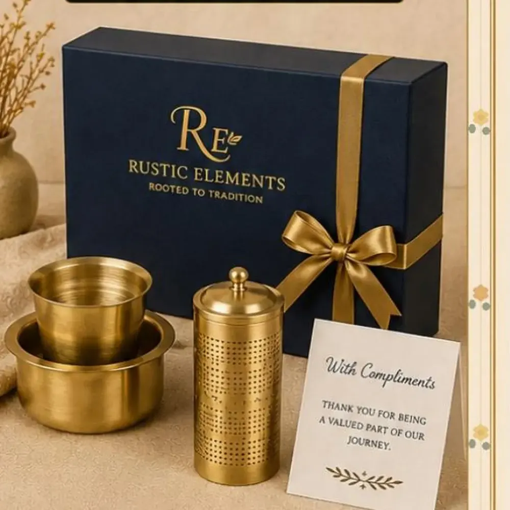 Pure Brass Coffee Dabra Set – 2 Dabras & Filter · Gift Box — view 5