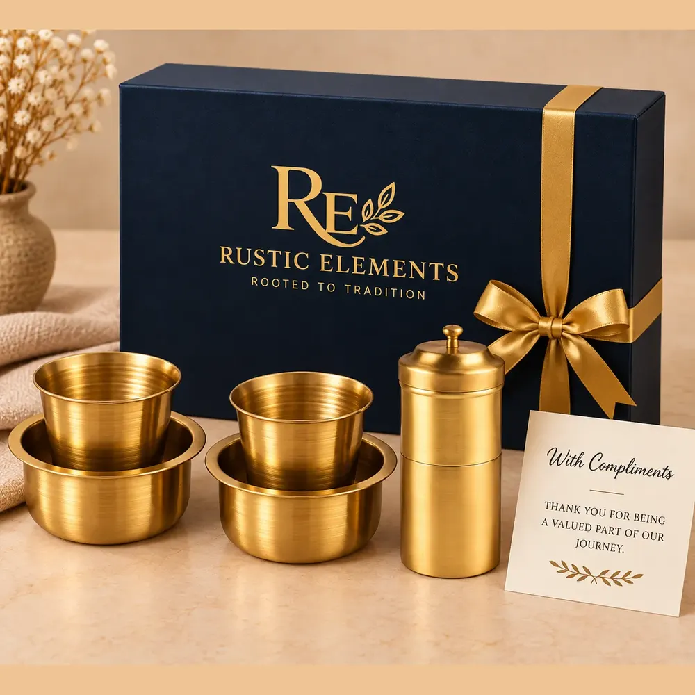 Pure Brass Coffee Dabra Set – 2 Dabras & Filter · Gift Box — view 1