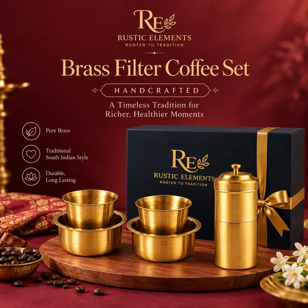 Pure Brass Coffee Dabra Set – 2 Dabras & Filter · Gift Box — view 2