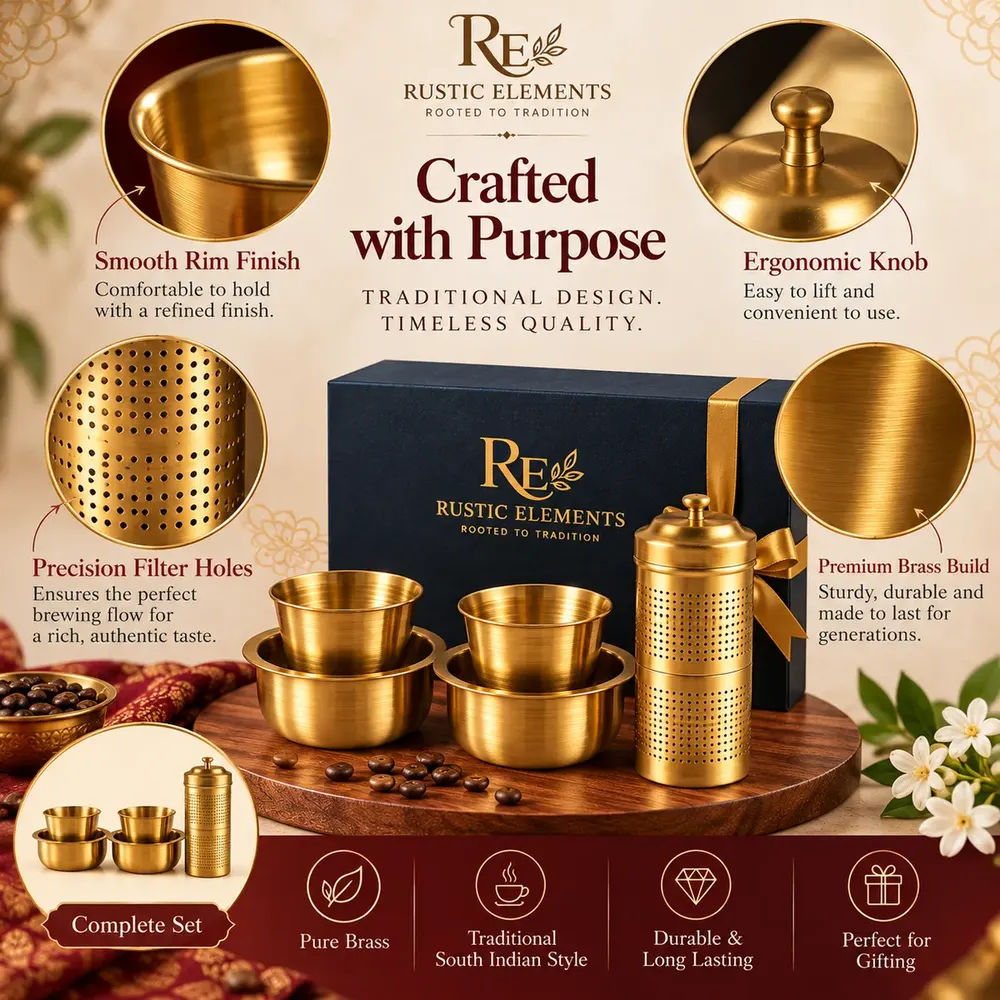 Pure Brass Coffee Dabra Set – 2 Dabras & Filter · Gift Box — view 3