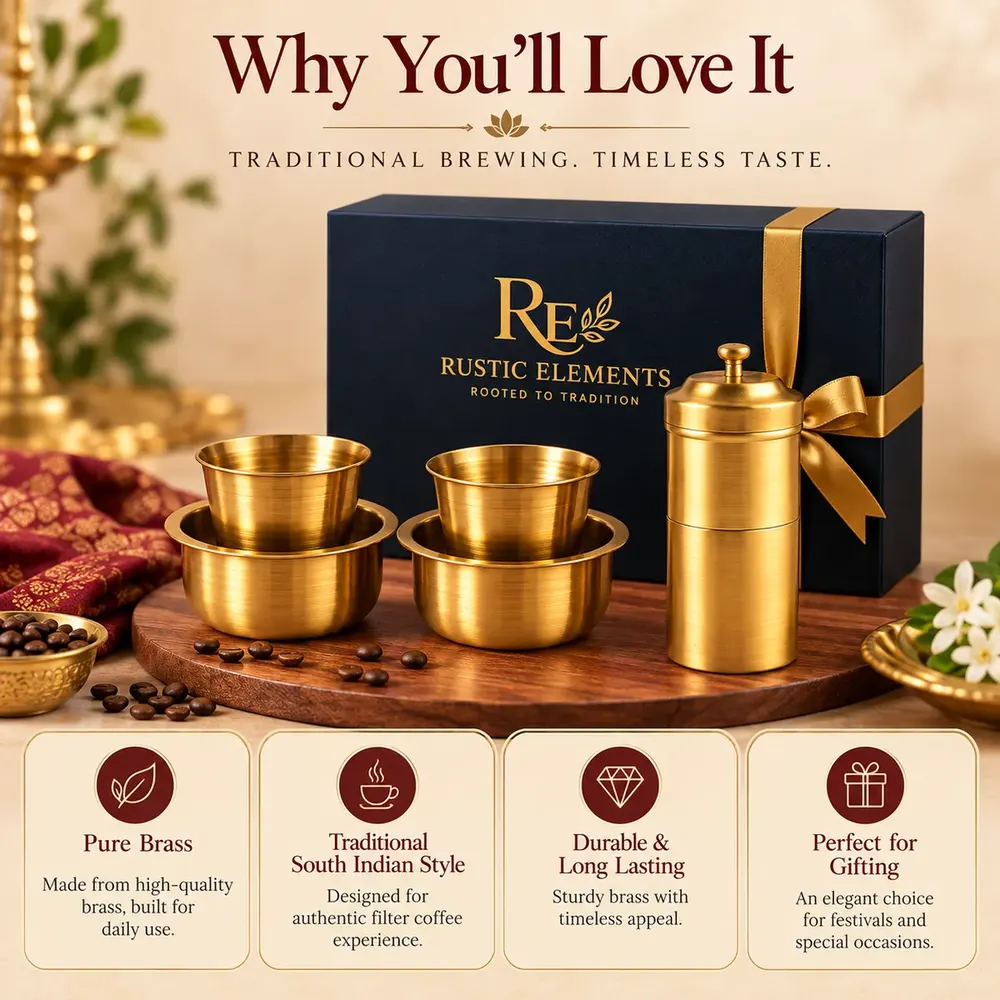 Pure Brass Coffee Dabra Set – 2 Dabras & Filter · Gift Box — view 4