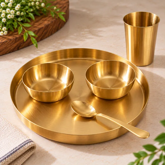Brass Dinner Thali Set – Thali, 4 Bowls, Glass & Spoon — handcrafted brass