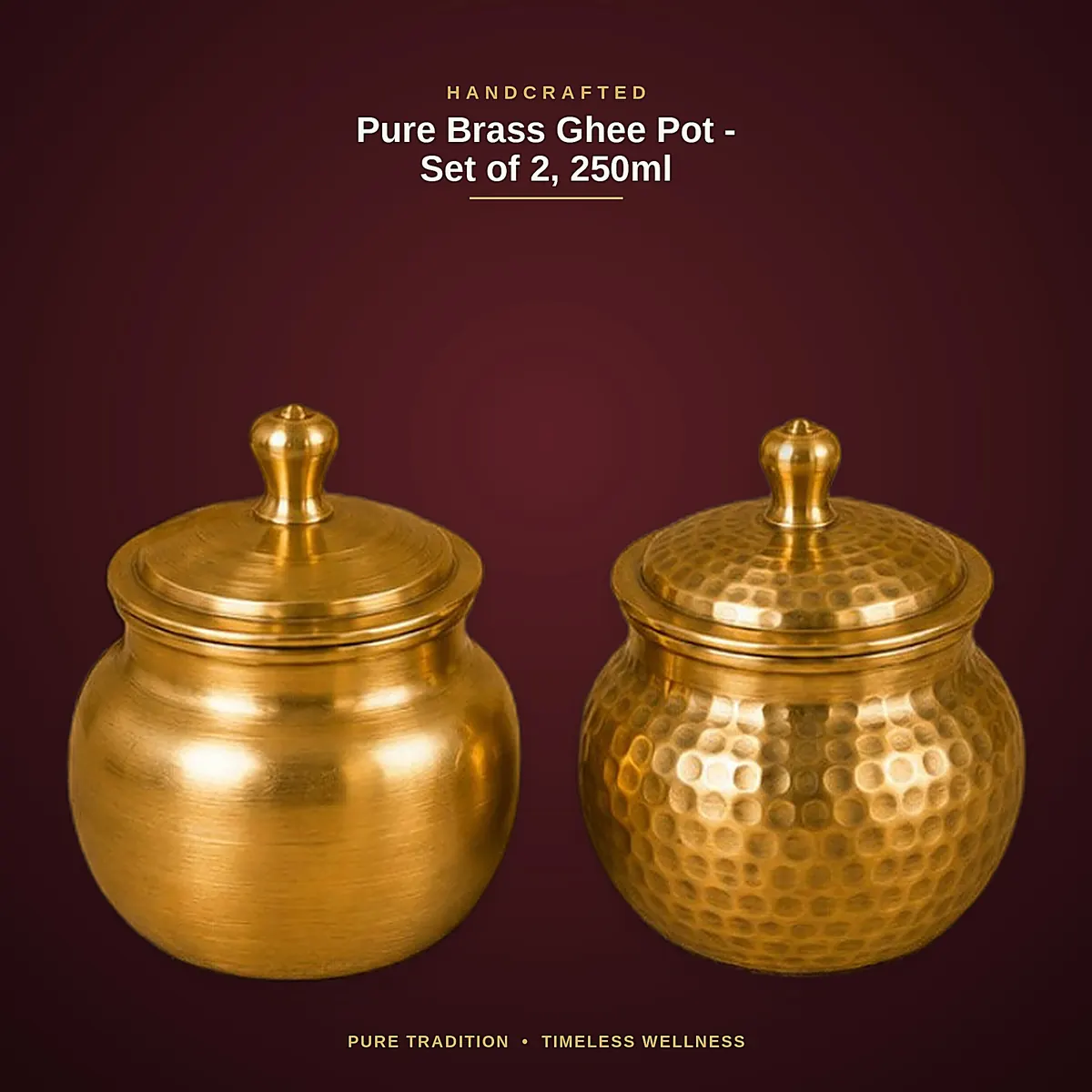 Pure Brass Ghee Pot Set – 350 ml · Set of 2 · Plain & Hammered — view 3
