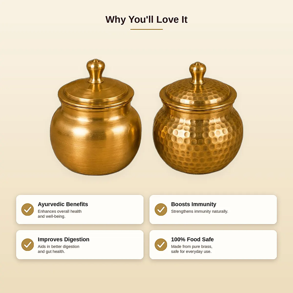 Pure Brass Ghee Pot Set – 350 ml · Set of 2 · Plain & Hammered — view 4