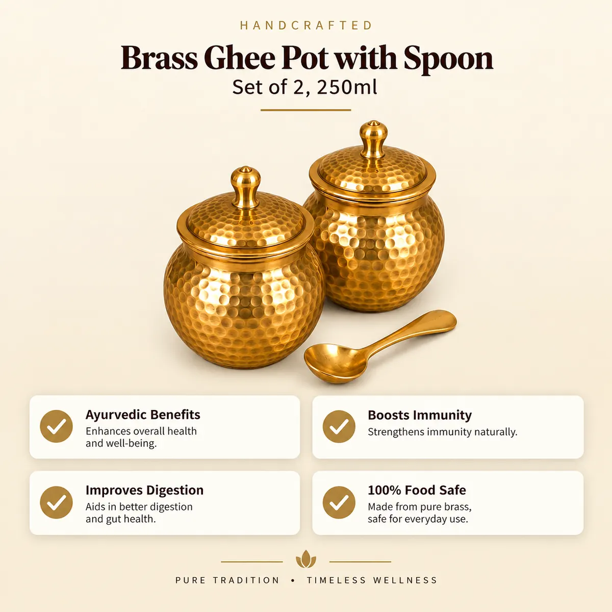 Brass Ghee Pot Set with Spoon – 250 ml · Set of 2 — view 3