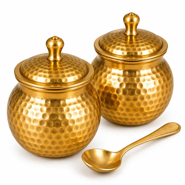 Brass Ghee Pot Set with Spoon – 250 ml · Set of 2 — handcrafted brass