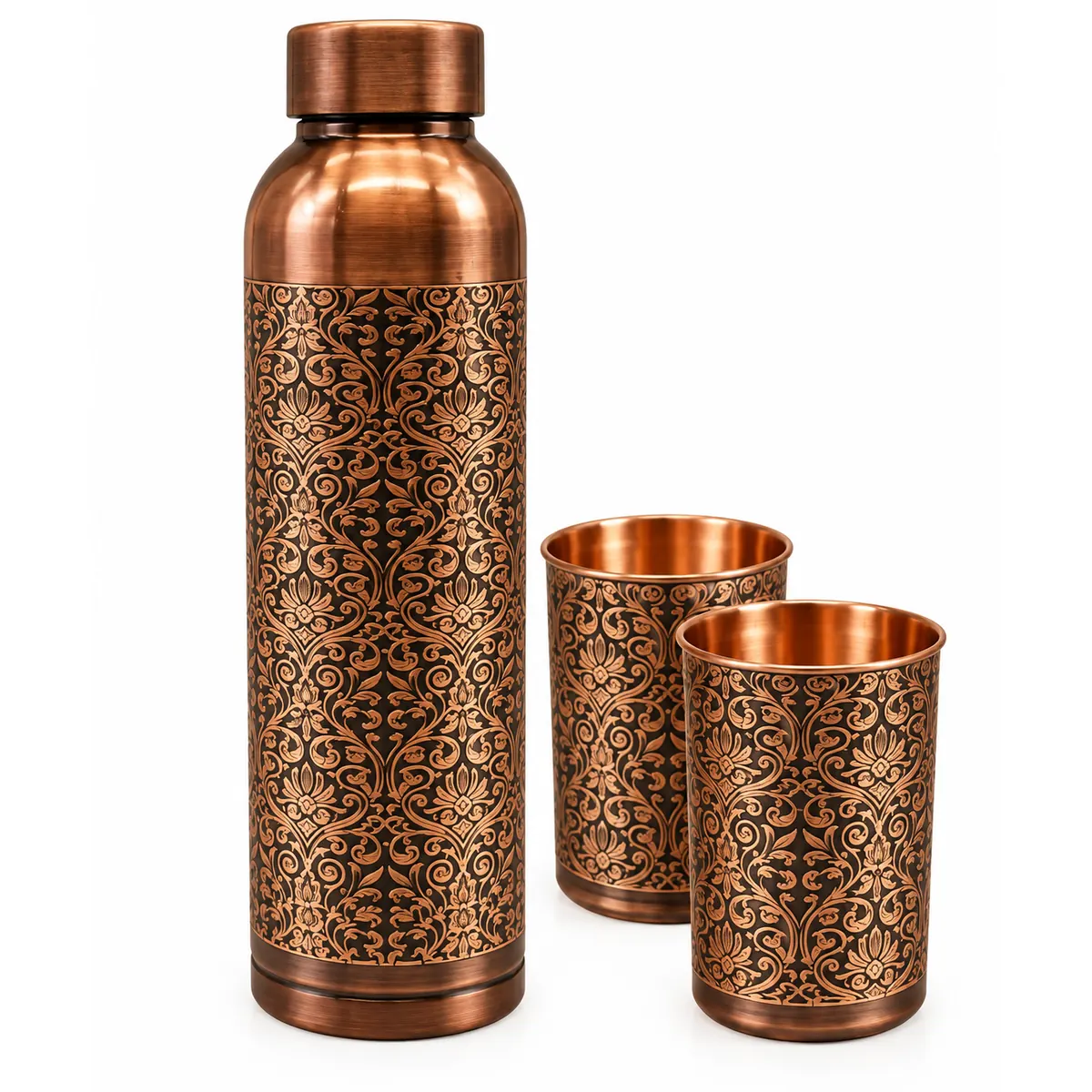 Copper Bottle with 2 Glasses – Antique Finish — view 1