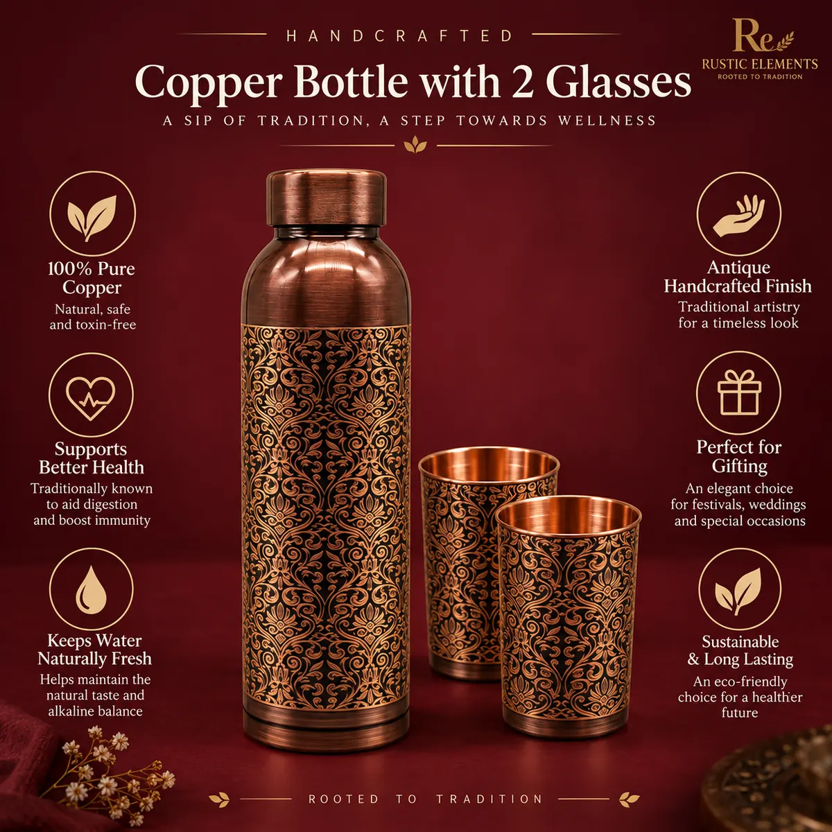 Copper Bottle with 2 Glasses – Antique Finish — view 4