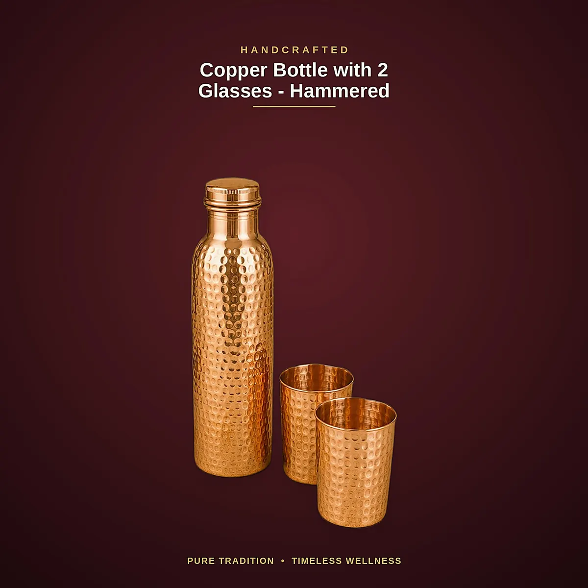 Copper Bottle with 2 Glasses – Hammered — view 3