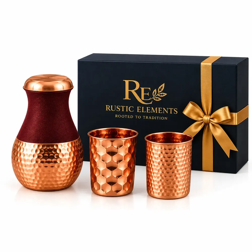 Pure Copper Jar Gift Set – Rajwadi Jar with 2 Glasses · Gift Box — view 1