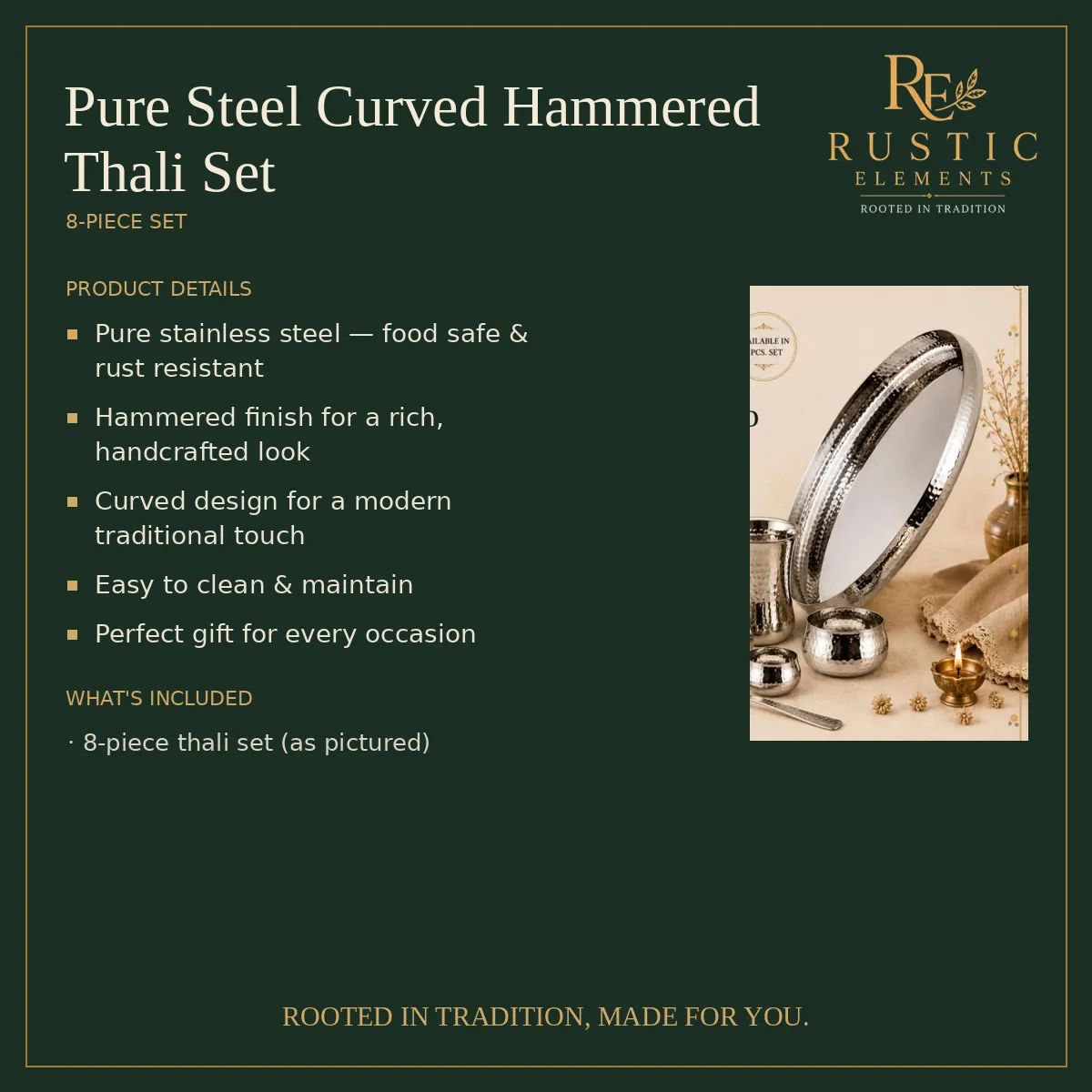 Pure Steel Curved Hammered Thali Set – 8-Piece Set — view 4