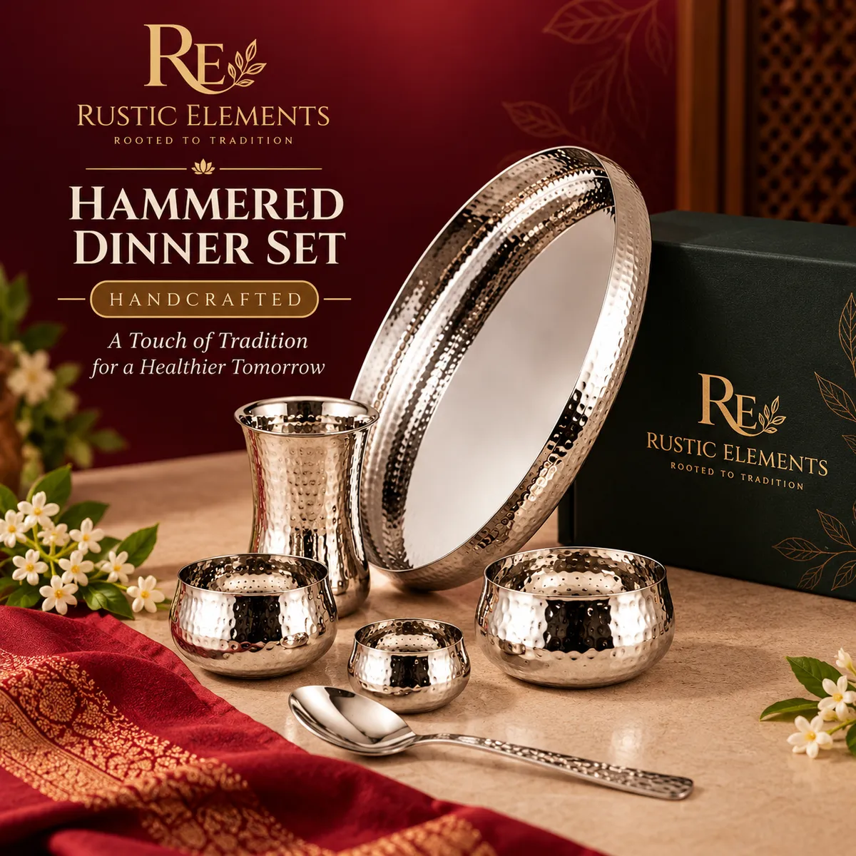 Pure Steel Curved Hammered Thali Set – 8-Piece Set — view 1
