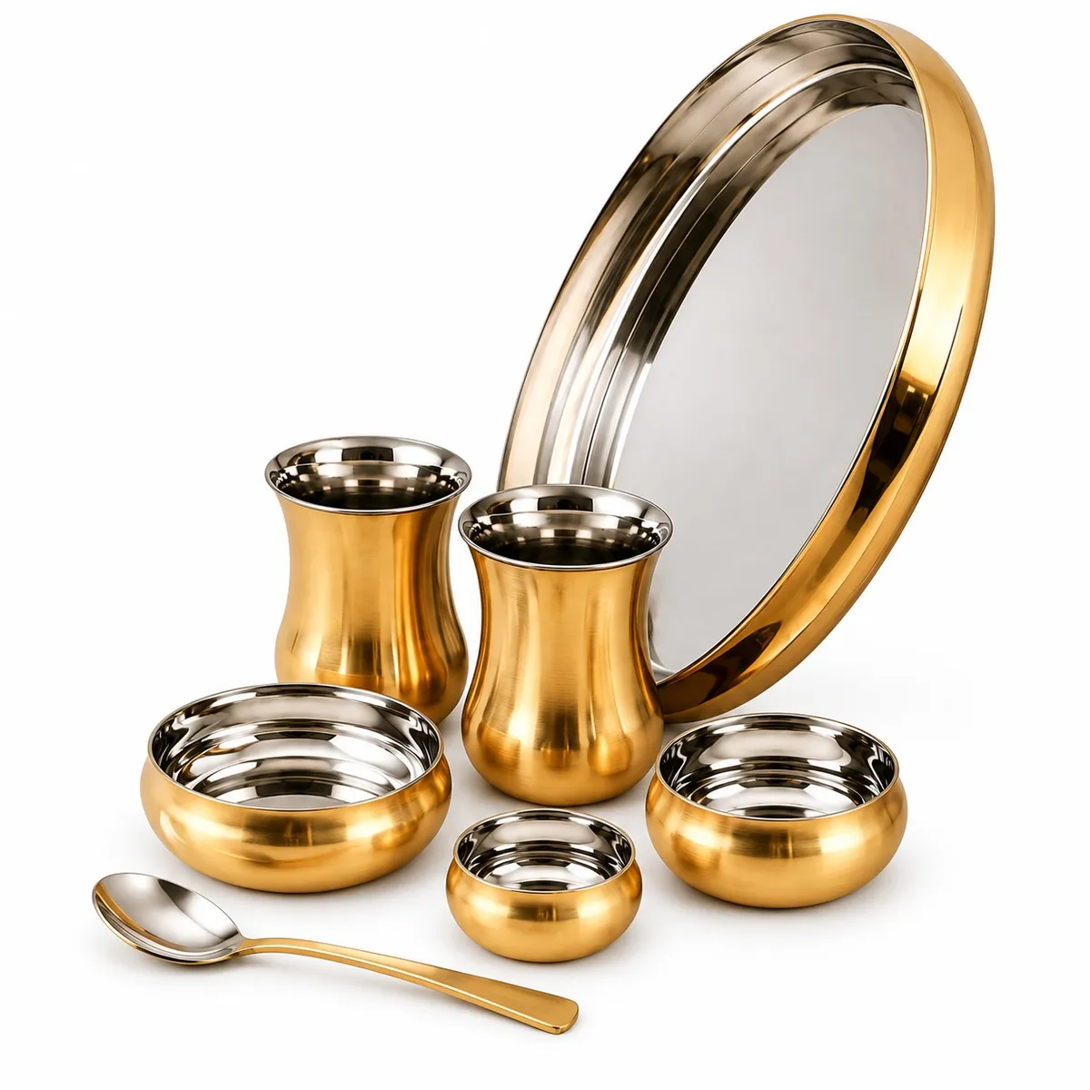 Steel Brass Curved Thali Set – 8-Piece Set — view 1