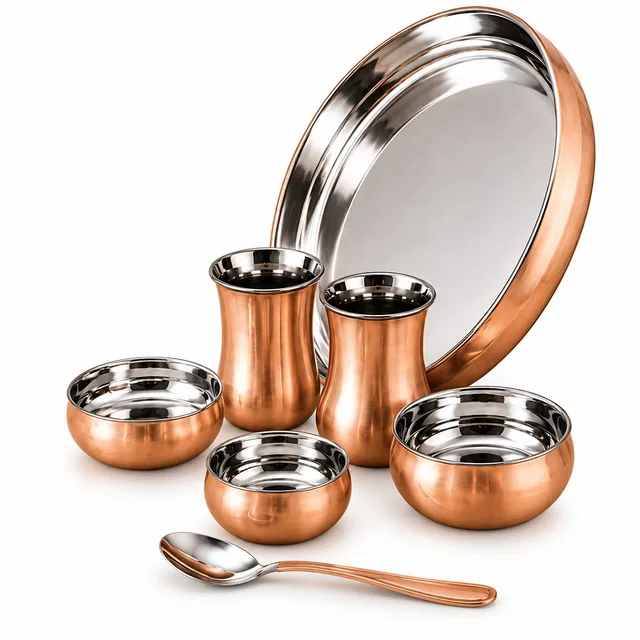 Steel Copper Curved Thali Set – 8-Piece Set — handcrafted steel · copper finish