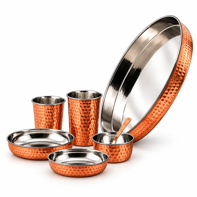 Steel Copper Hammered Thali Set – 7-Piece Set — handcrafted steel · hammered copper